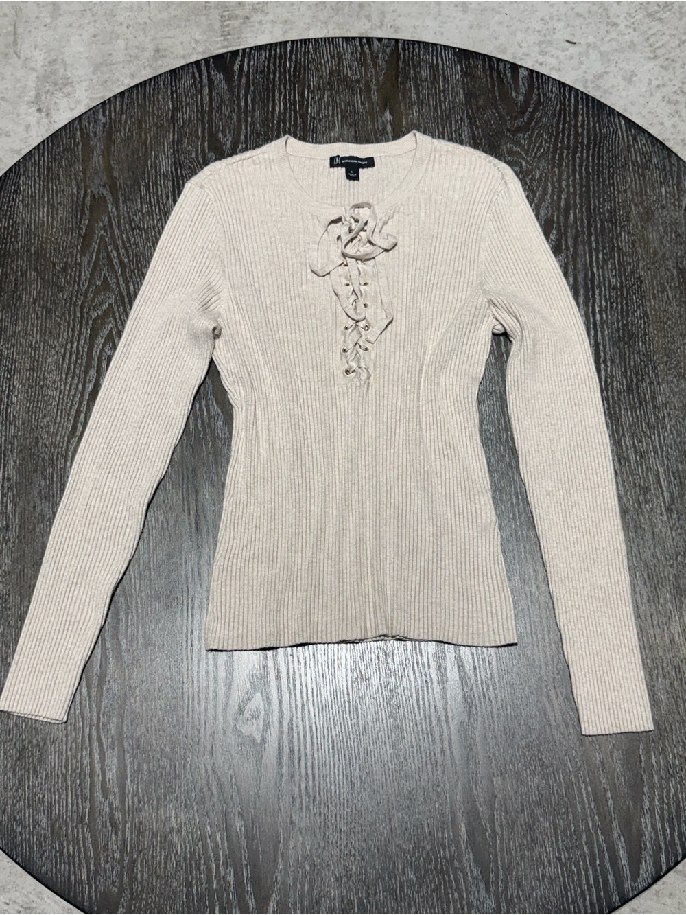 INC International Concepts Ribbed Lace-Up Long Sleeve Top - Beige